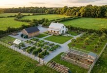Aerial view of a one-acre homestead with a garden, orchard and chicken coop