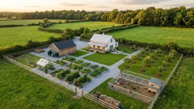 Aerial view of a one-acre homestead with a garden, orchard and chicken coop