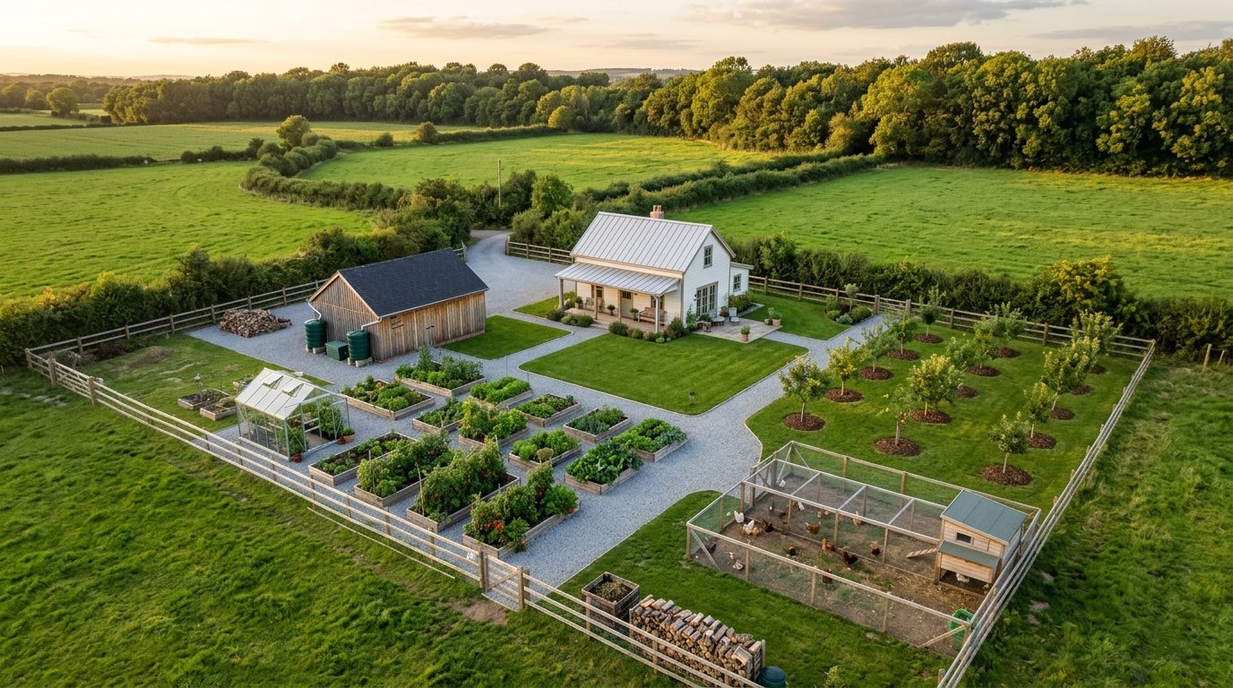 Aerial view of a one-acre homestead with a garden, orchard and chicken coop