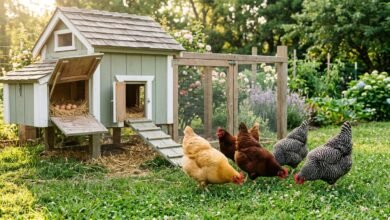 Backyard hens foraging in front of a wooden chicken coop
