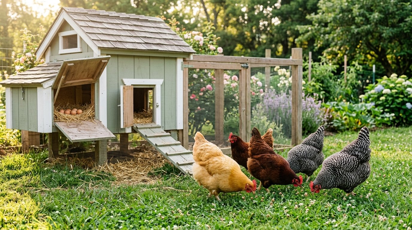 Backyard hens foraging in front of a wooden chicken coop