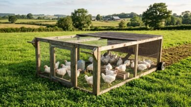 White meat chickens in a movable pasture pen on fresh grass