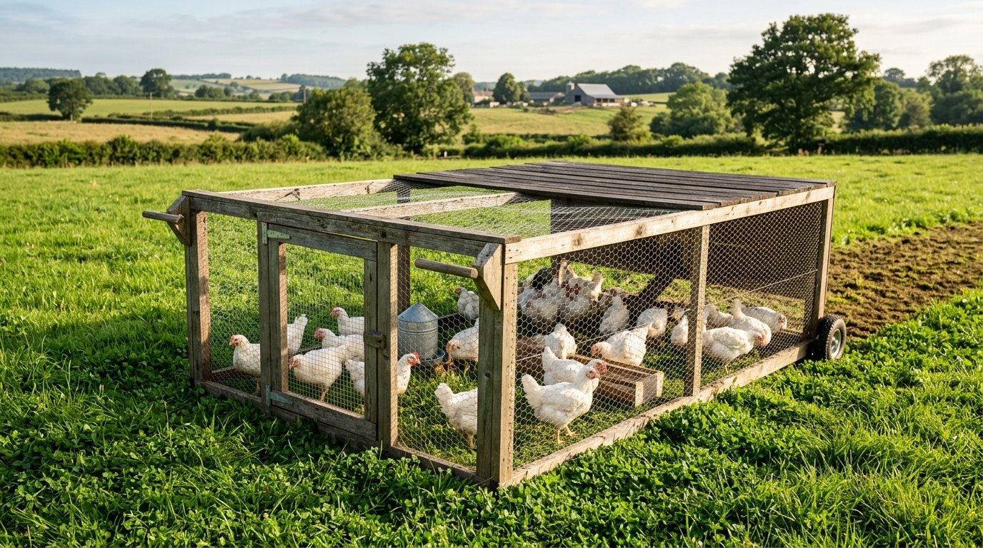 White meat chickens in a movable pasture pen on fresh grass