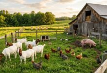 Goats, chickens and a pig together in a fenced pasture on a small farm