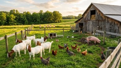 Goats, chickens and a pig together in a fenced pasture on a small farm