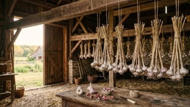 Bundles of freshly harvested garlic curing in a rustic barn