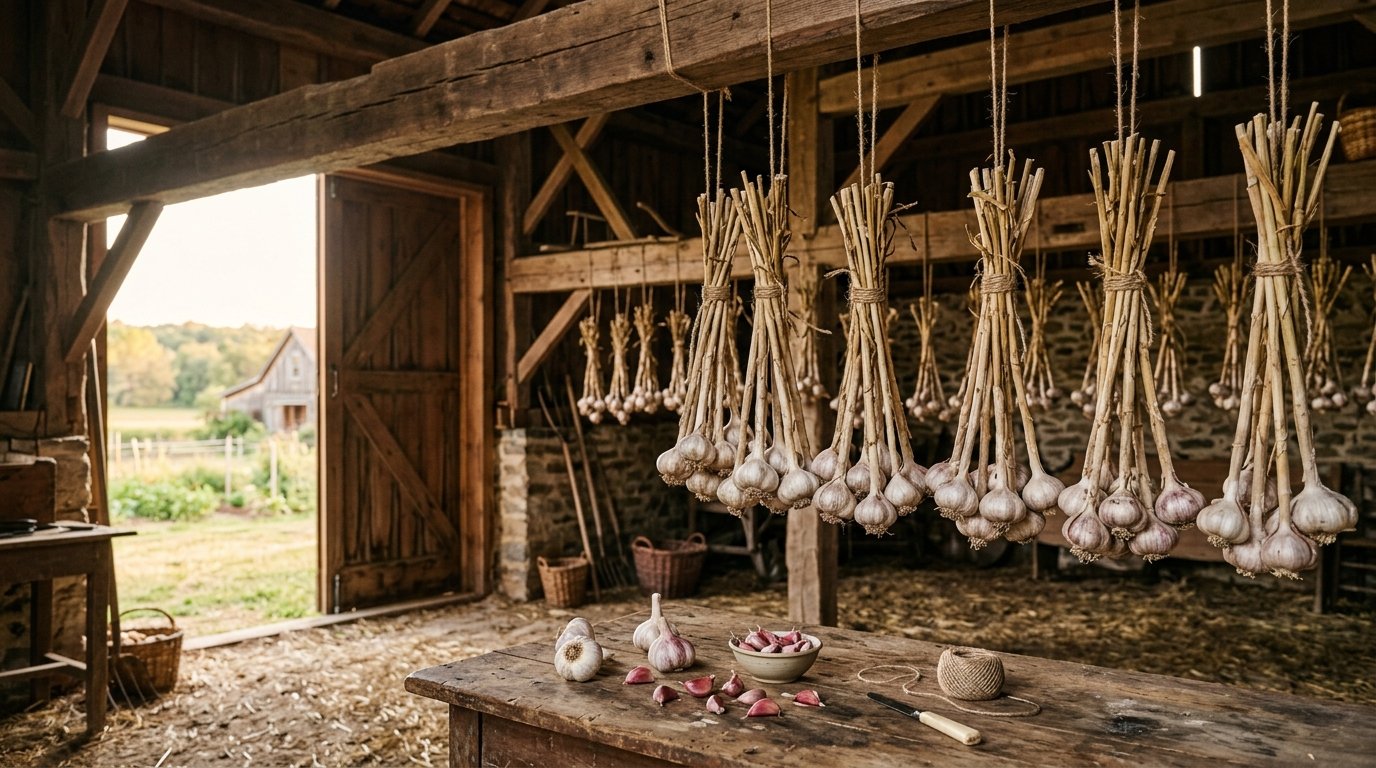 Bundles of freshly harvested garlic curing in a rustic barn