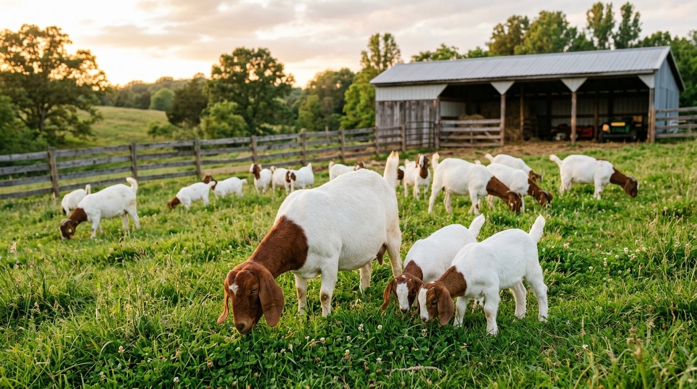 Boer goats with white bodies and red-brown heads grazing in a green pasture