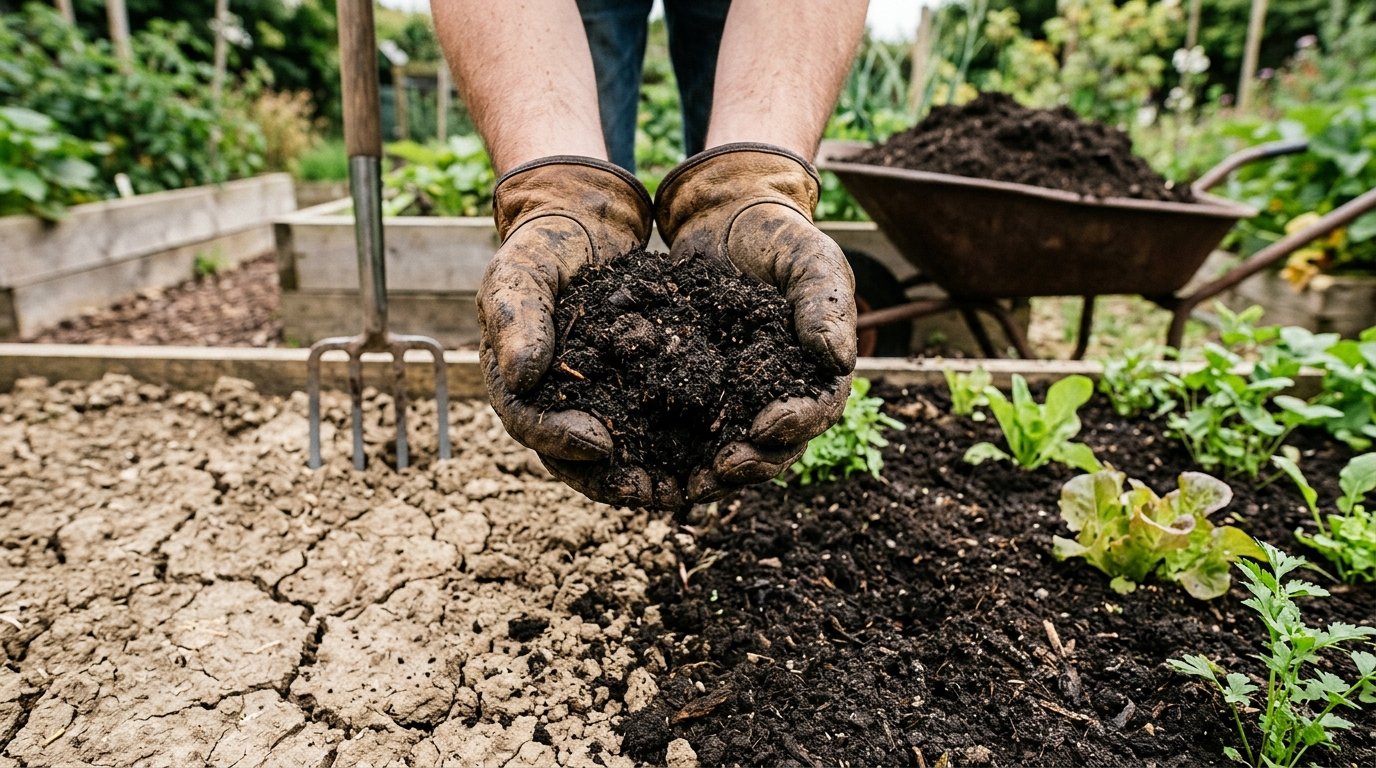 Gloved hands holding crumbly compost over a garden bed with cracked clay soil