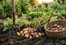 Freshly harvested potatoes on dark garden soil next to a garden fork and wicker basket