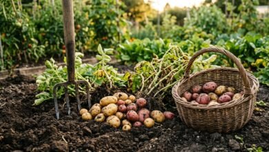 Freshly harvested potatoes on dark garden soil next to a garden fork and wicker basket