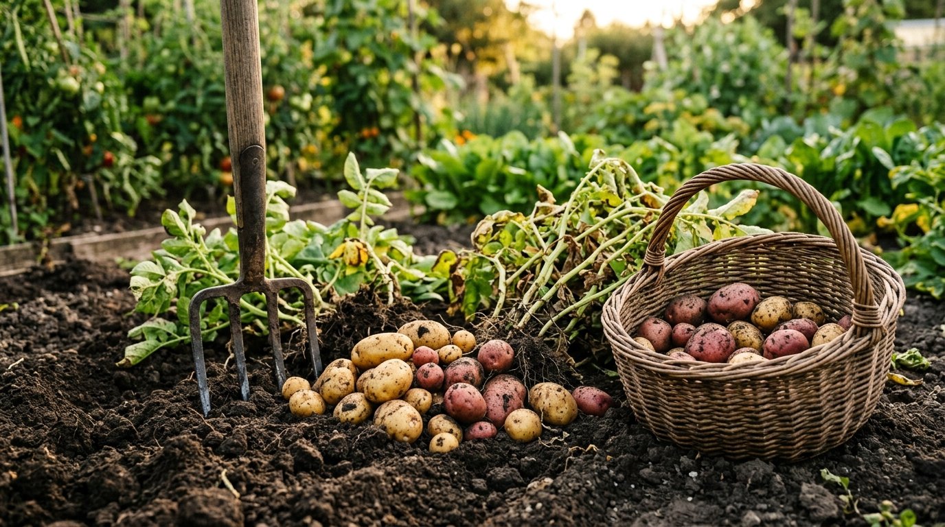 Freshly harvested potatoes on dark garden soil next to a garden fork and wicker basket