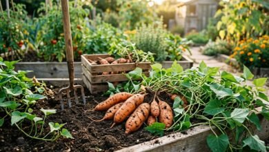 Freshly dug sweet potatoes with vines on a raised garden bed