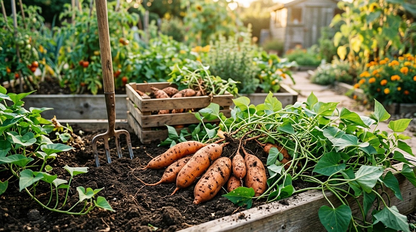 Freshly dug sweet potatoes with vines on a raised garden bed