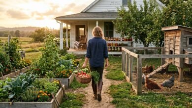 Homesteader carrying a basket of vegetables past a garden and chicken coop