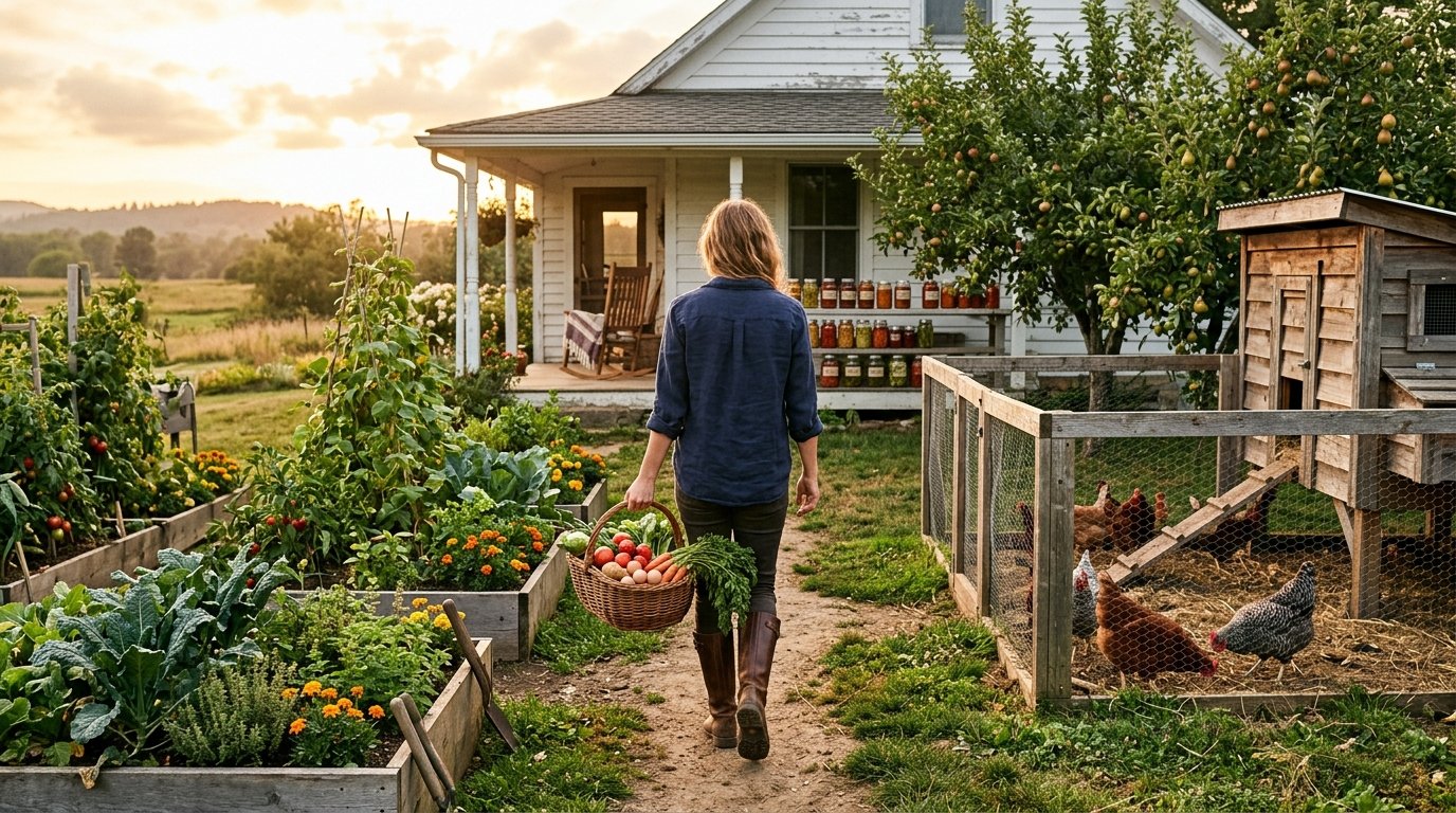 Homesteader carrying a basket of vegetables past a garden and chicken coop