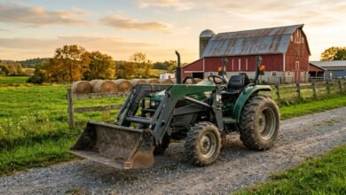 Compact tractor with a front loader parked on a farm track near a red barn