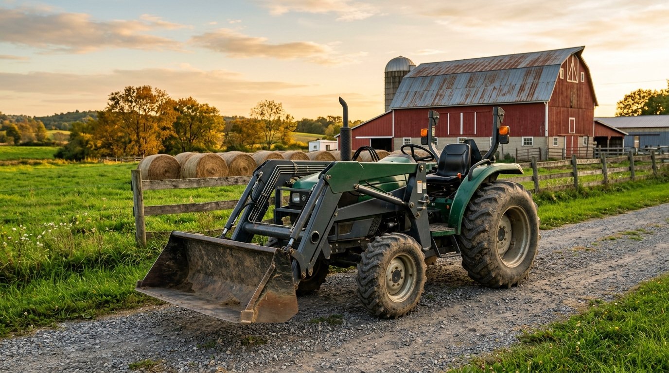 Compact tractor with a front loader parked on a farm track near a red barn