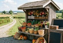 Rustic wooden roadside farm stand with vegetables, eggs, flowers and honey