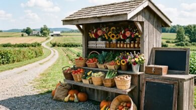 Rustic wooden roadside farm stand with vegetables, eggs, flowers and honey