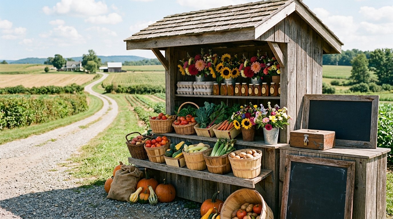 Rustic wooden roadside farm stand with vegetables, eggs, flowers and honey