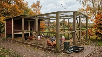 Backyard hens in a covered, netted run protected from wild birds