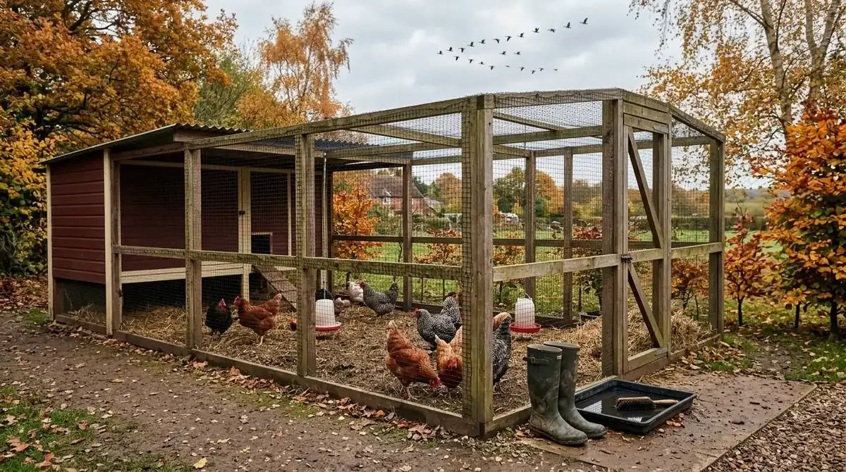 Backyard hens in a covered, netted run protected from wild birds