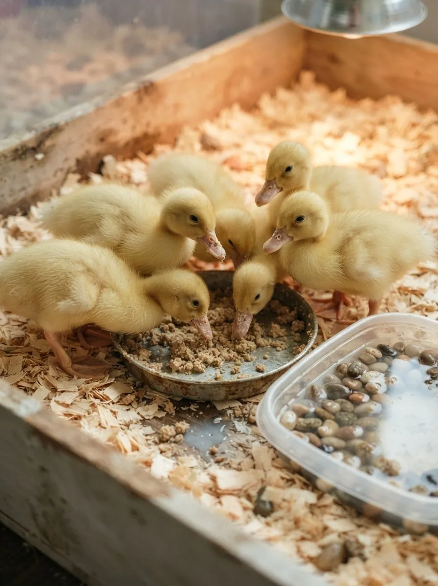 Pekin ducklings eating starter crumbles from a shallow dish next to a water tray
