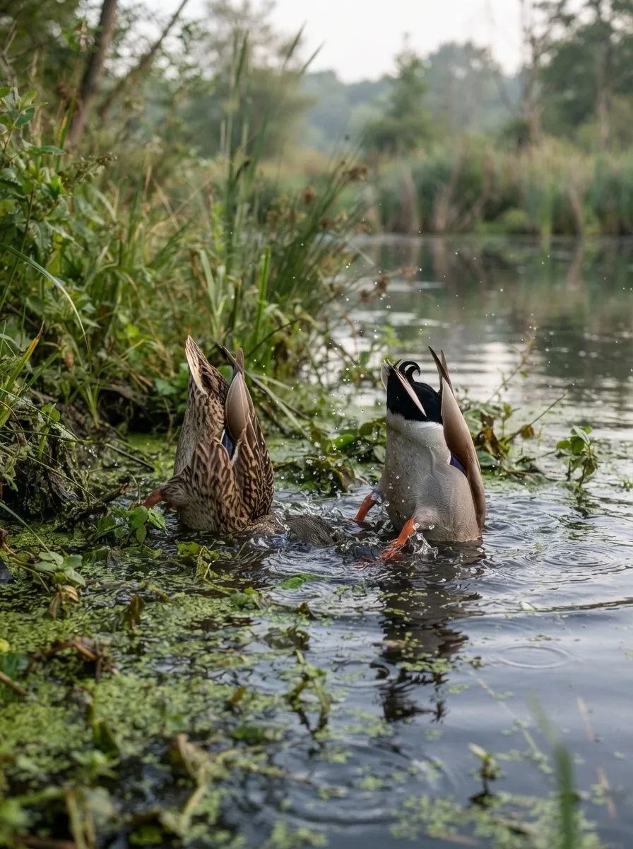 Mallard ducks dabbling for food among duckweed at the edge of a pond