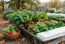 Raised garden beds with kale, lettuce, carrots and radishes in autumn