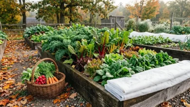 Raised garden beds with kale, lettuce, carrots and radishes in autumn