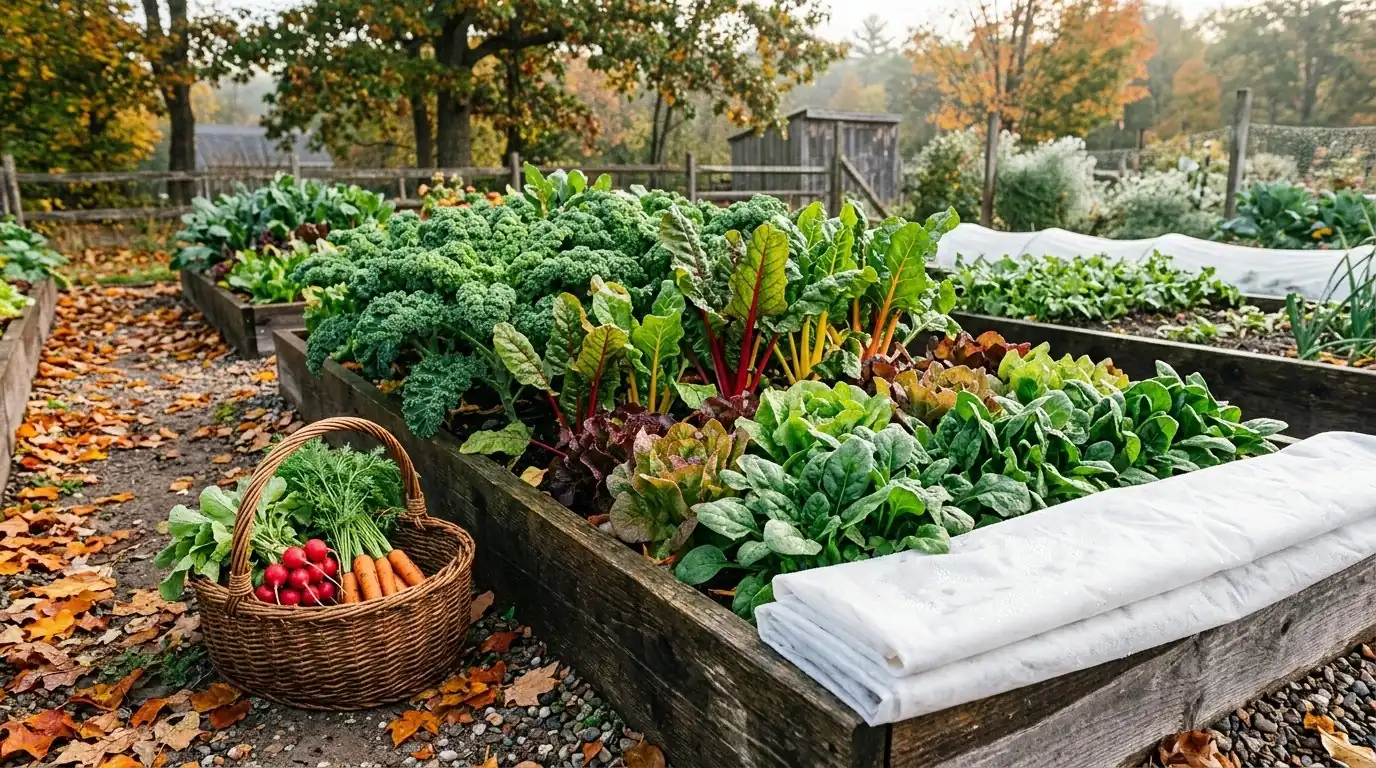 Raised garden beds with kale, lettuce, carrots and radishes in autumn