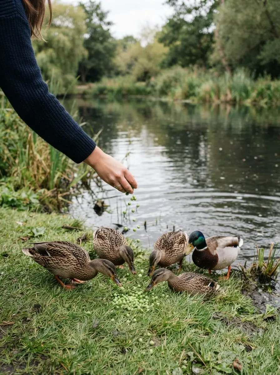 Hand scattering green peas for ducks at the edge of a pond instead of bread