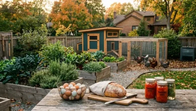 Modern homestead with raised beds, a chicken coop and home-canned food