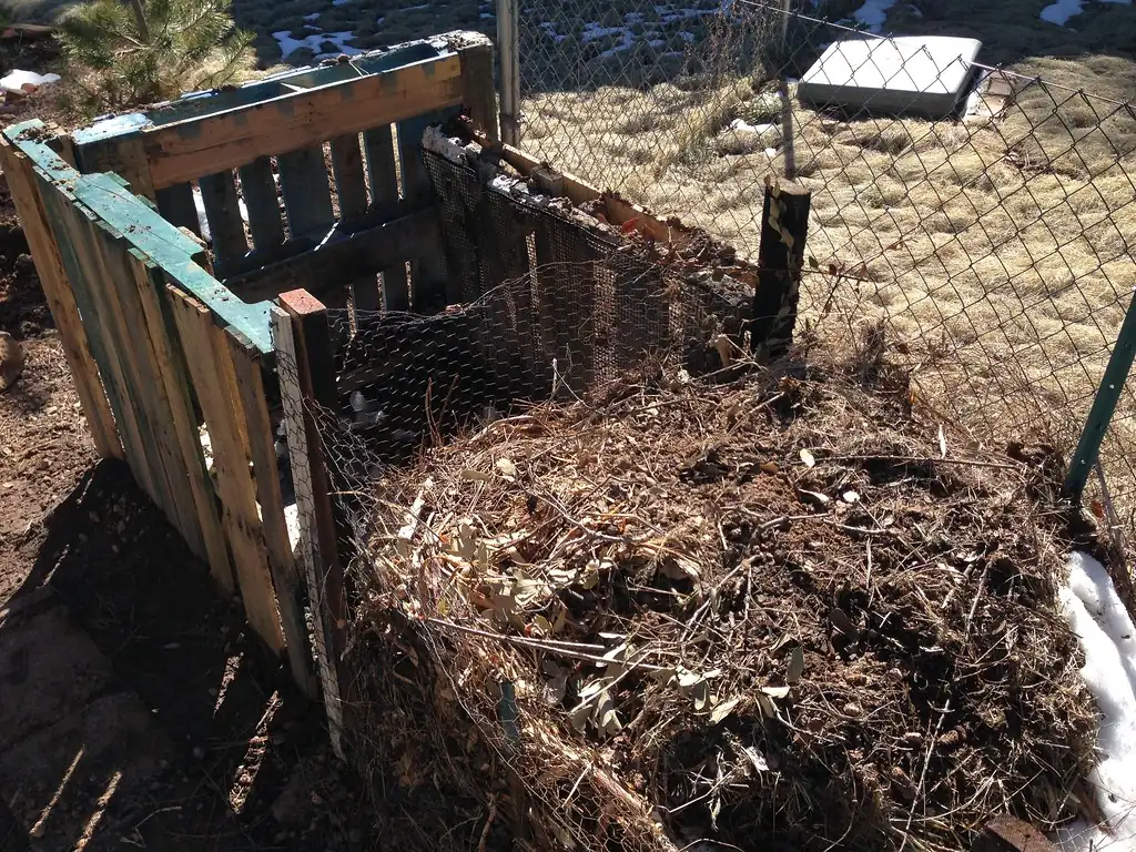 Pallet compost bin with a fresh pile of garden waste and straw