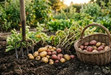 Freshly harvested potatoes on dark garden soil next to a garden fork and wicker basket