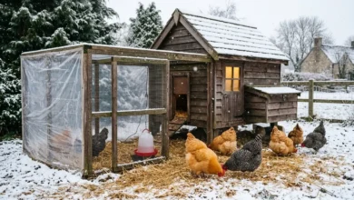 Wooden chicken coop in light snow with hens and a wind-protected run