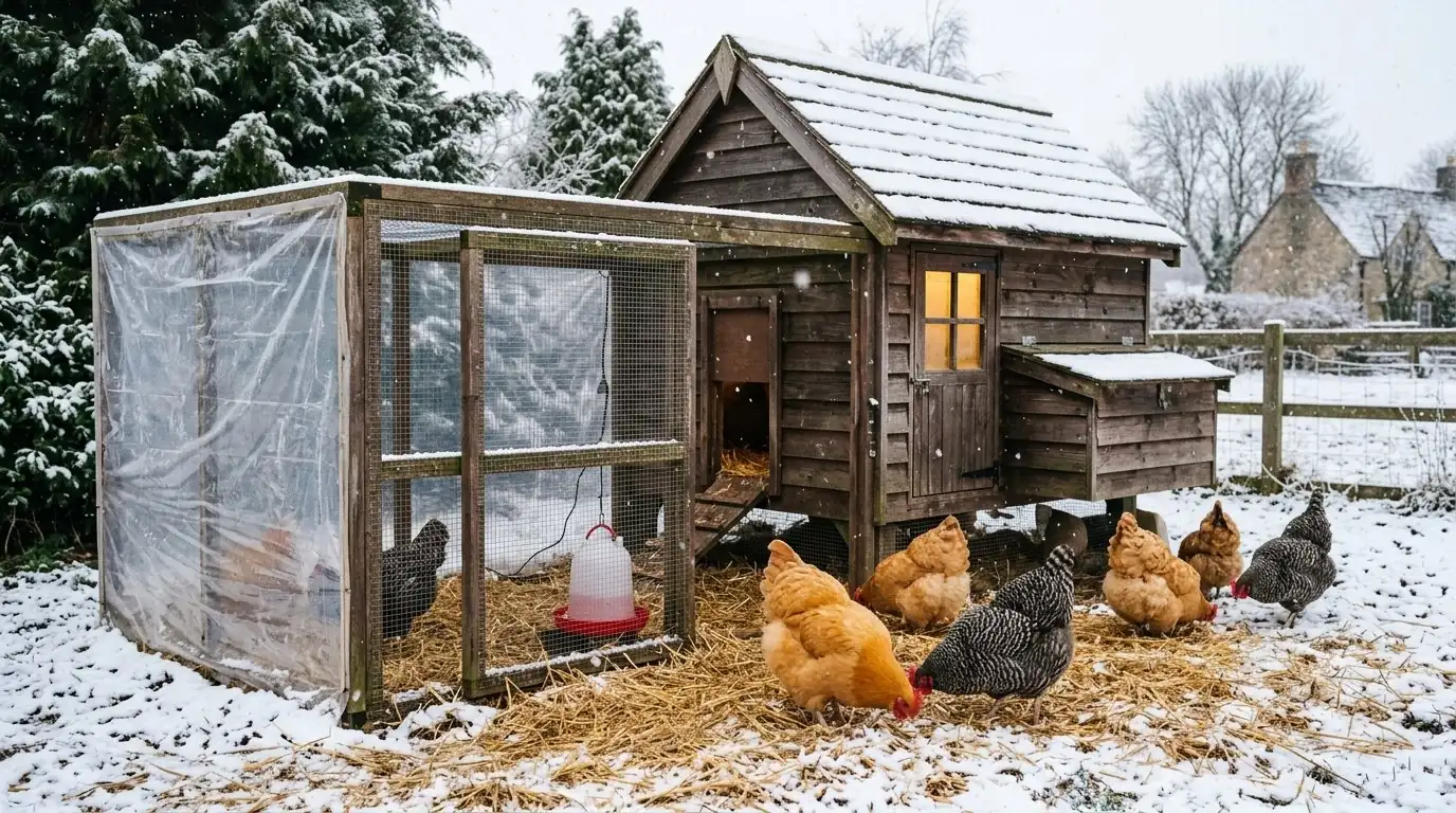 Wooden chicken coop in light snow with hens and a wind-protected run