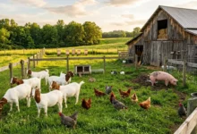 Goats, chickens and a pig together in a fenced pasture on a small farm