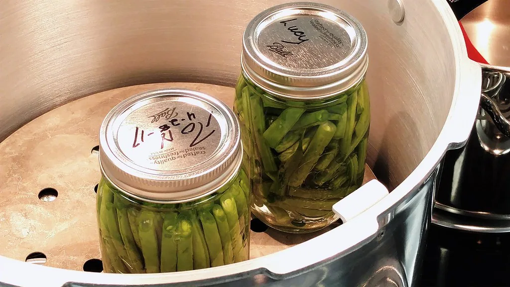 Two jars of green beans loaded into a pressure canner