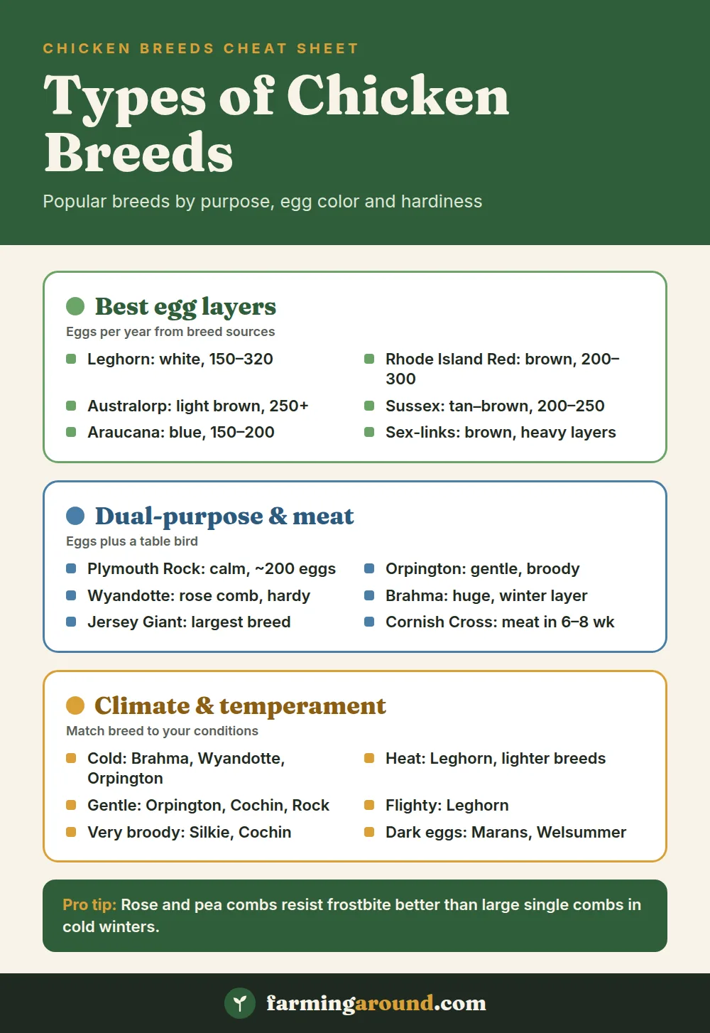 Types of chicken breeds chart: best egg layers, dual-purpose and meat breeds, and breeds by climate and temperament