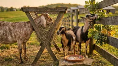 Goats eating hay and browsing leafy branches on a small farm