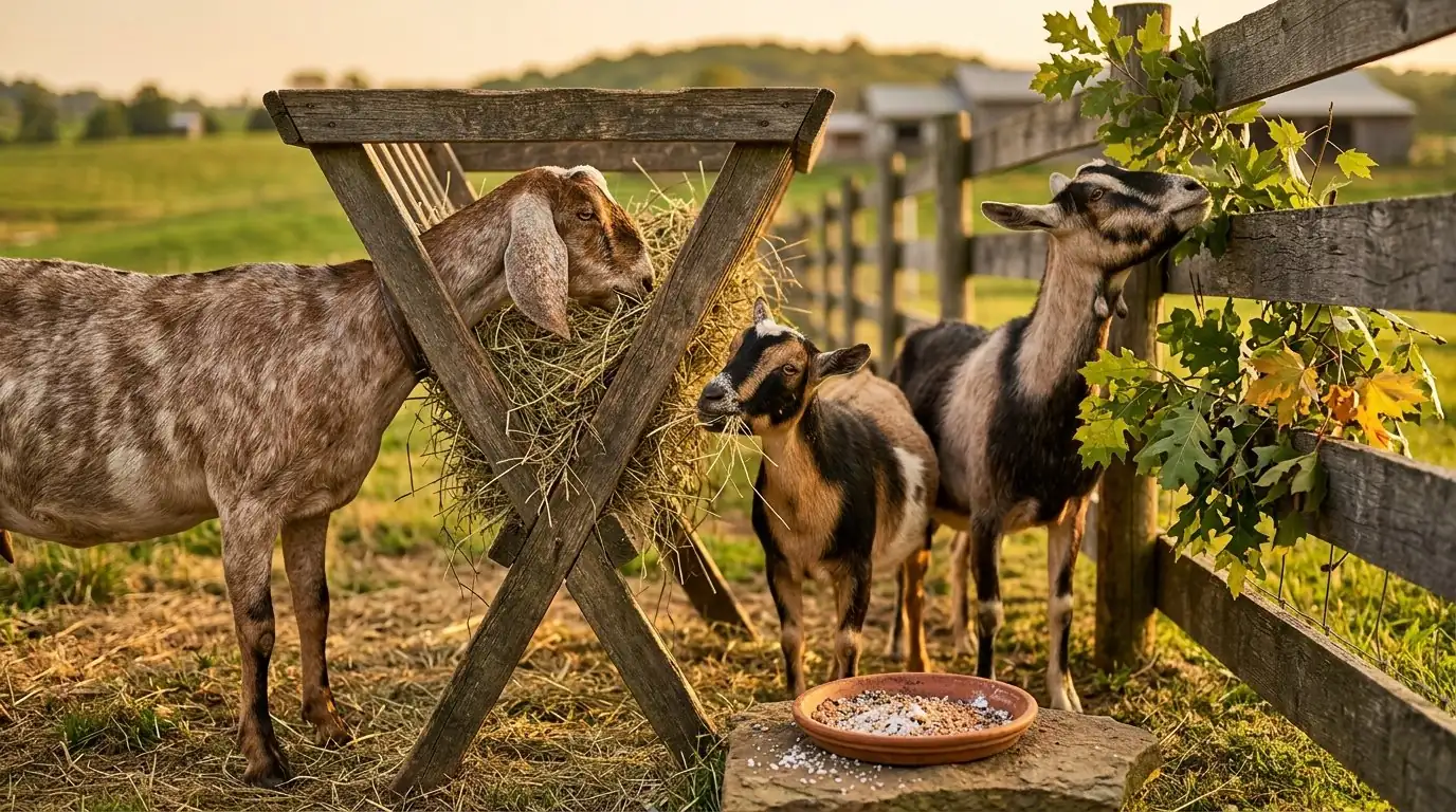 Goats eating hay and browsing leafy branches on a small farm