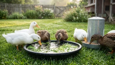 Backyard ducks eating peas and greens from a shallow tub of water