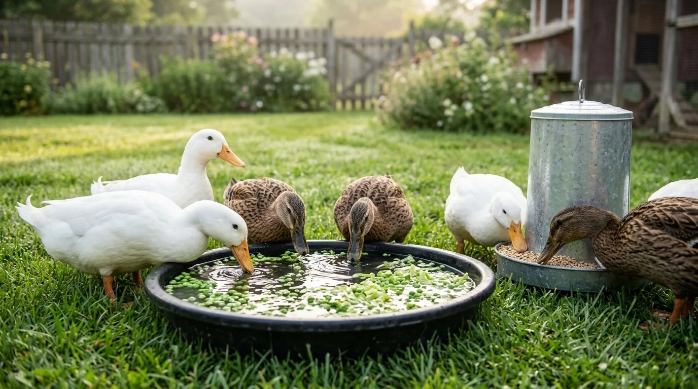 Backyard ducks eating peas and greens from a shallow tub of water