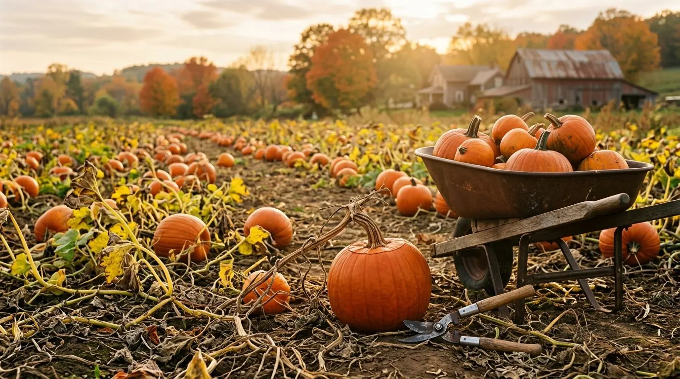 Ripe orange pumpkins with dry stems ready for harvest in a pumpkin patch