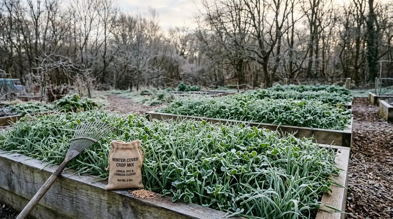 Garden beds covered with green winter cover crops of rye and clover