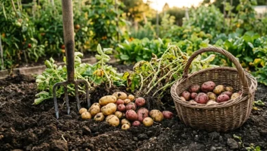 Freshly dug red and yellow potatoes beside a garden fork and a wicker harvest basket