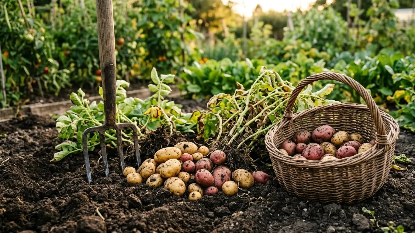 Freshly dug red and yellow potatoes beside a garden fork and a wicker harvest basket