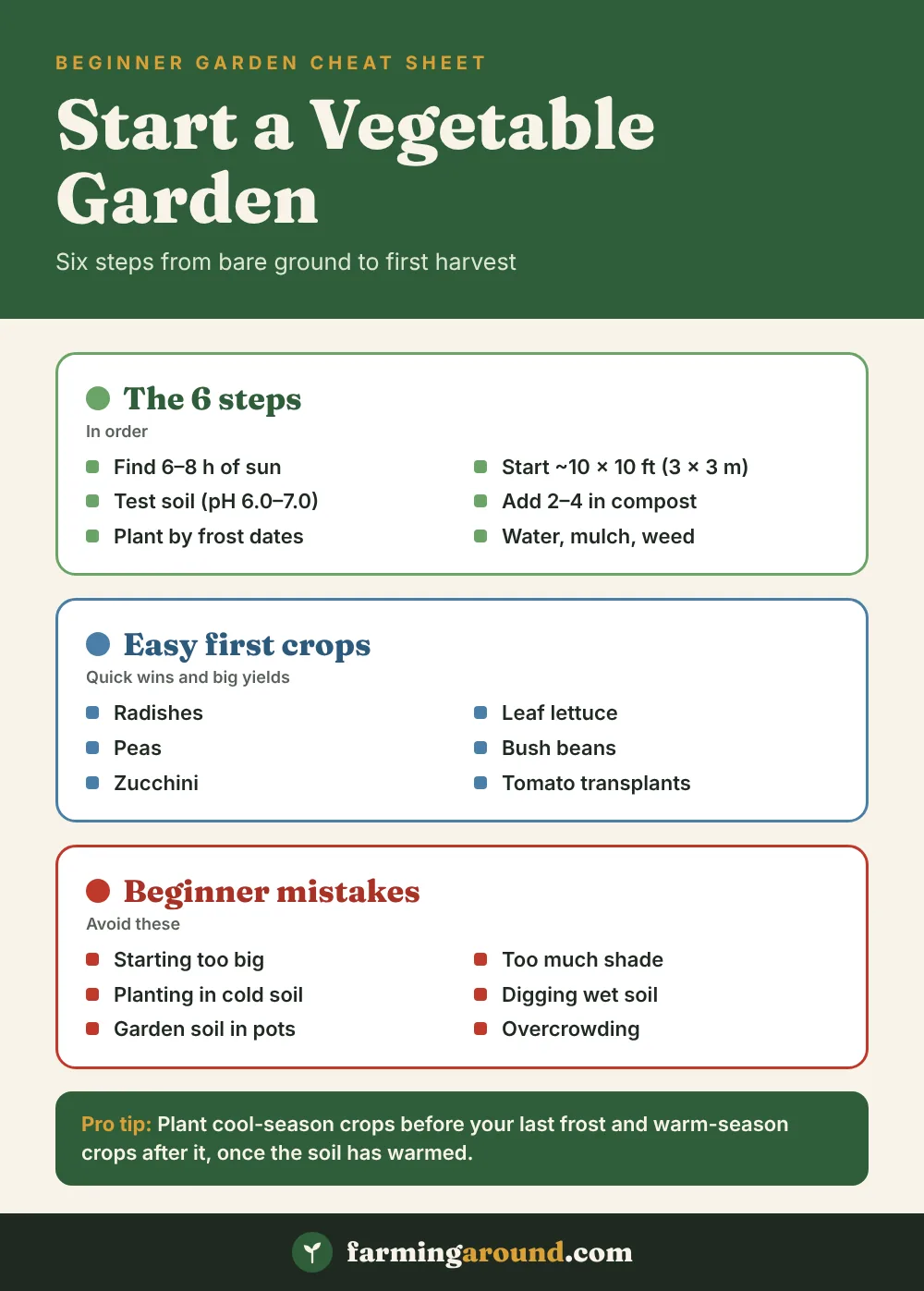 How to start a vegetable garden cheat sheet with six steps, easy first crops and mistakes to avoid